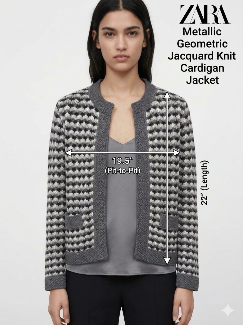 ZARA Metallic Geometric Jacquard Knit Cardigan Jacket Grey Black Patch Pockets
